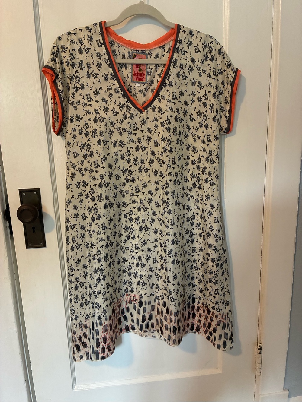 Johnny Was Cream and Navy Floral V-Neck Dress with Orange Trim